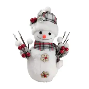 Muñeco de nieve decorativo, gorro y bufanda a cuadros, botón de estre…