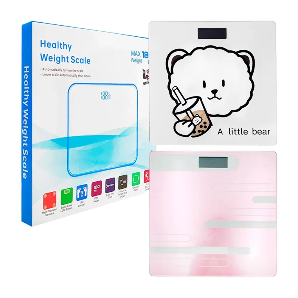 Báscula cuadrada de vidrio digital con estampado de personaje kawaii, variedad