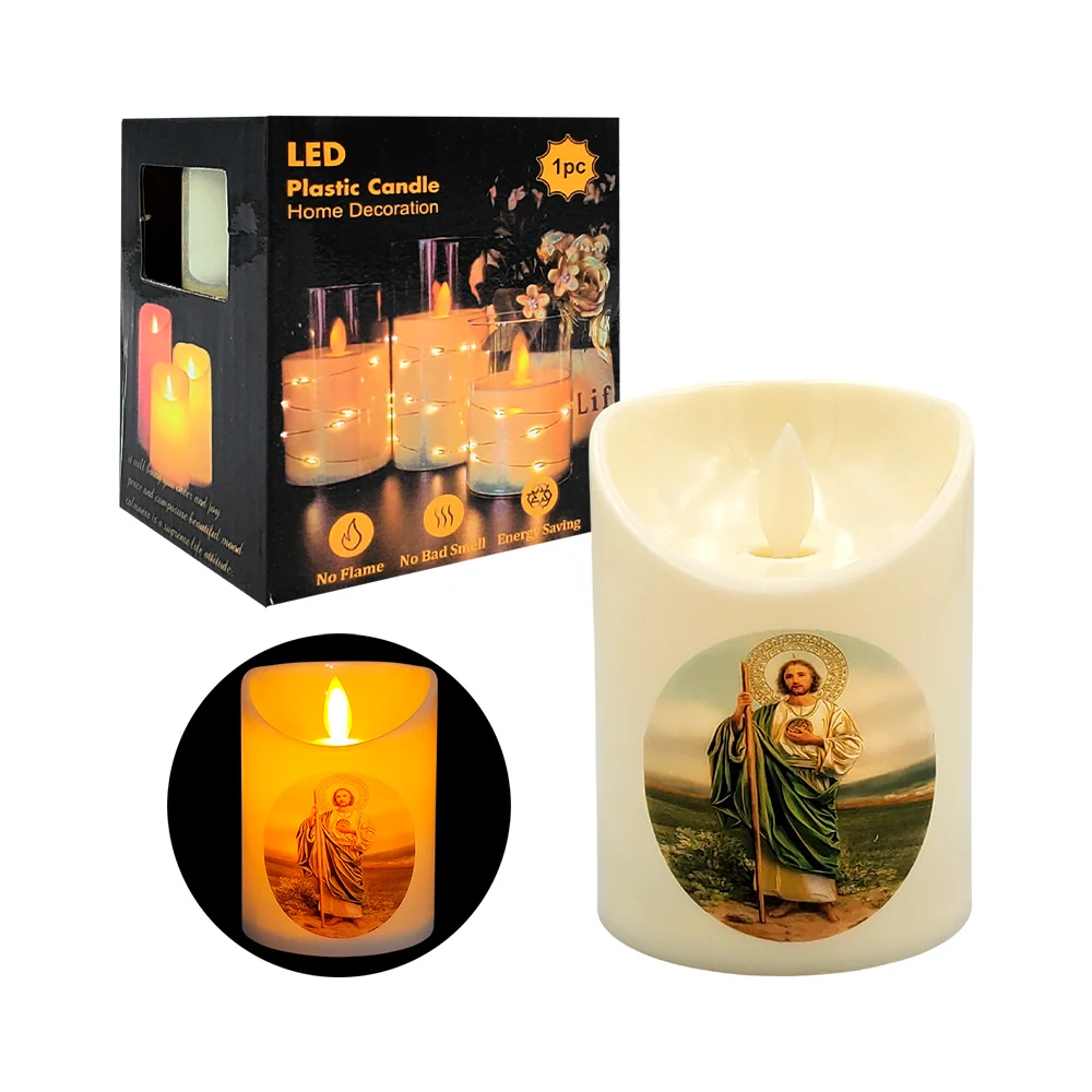 Vela led con imagen religiosa, flama móvil 10x7.5cm luz cálida, vario…