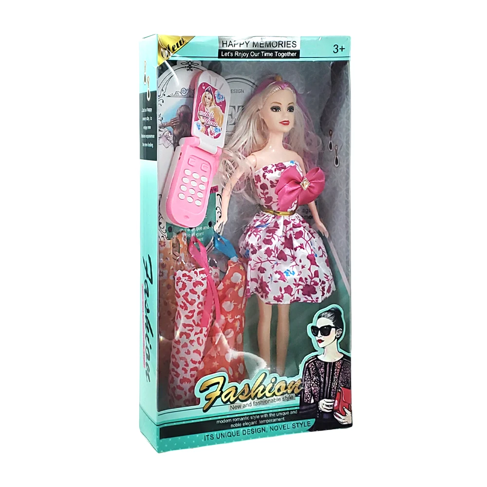 Muñeca fashion con vestidos y celular de juguete, variedad de colores…