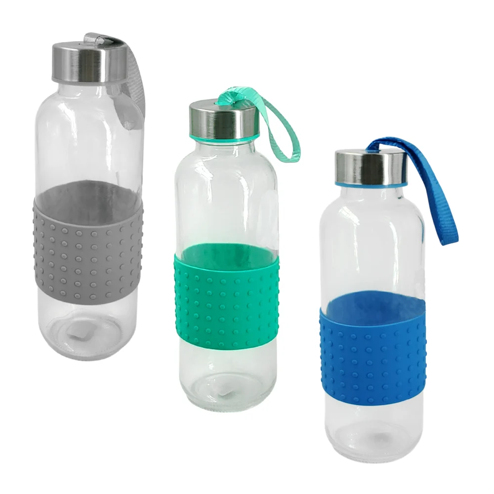 Botella de vidrio 400ml, taparosca acero inoxidable, banda de silicón…