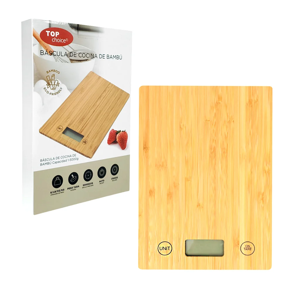 Báscula de cocina con diseño de bambú, capacidad 1-5000g, autoapagado…