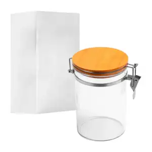 Contenedor mediano de vidrio, hermético, redondo, con tapa de bambú