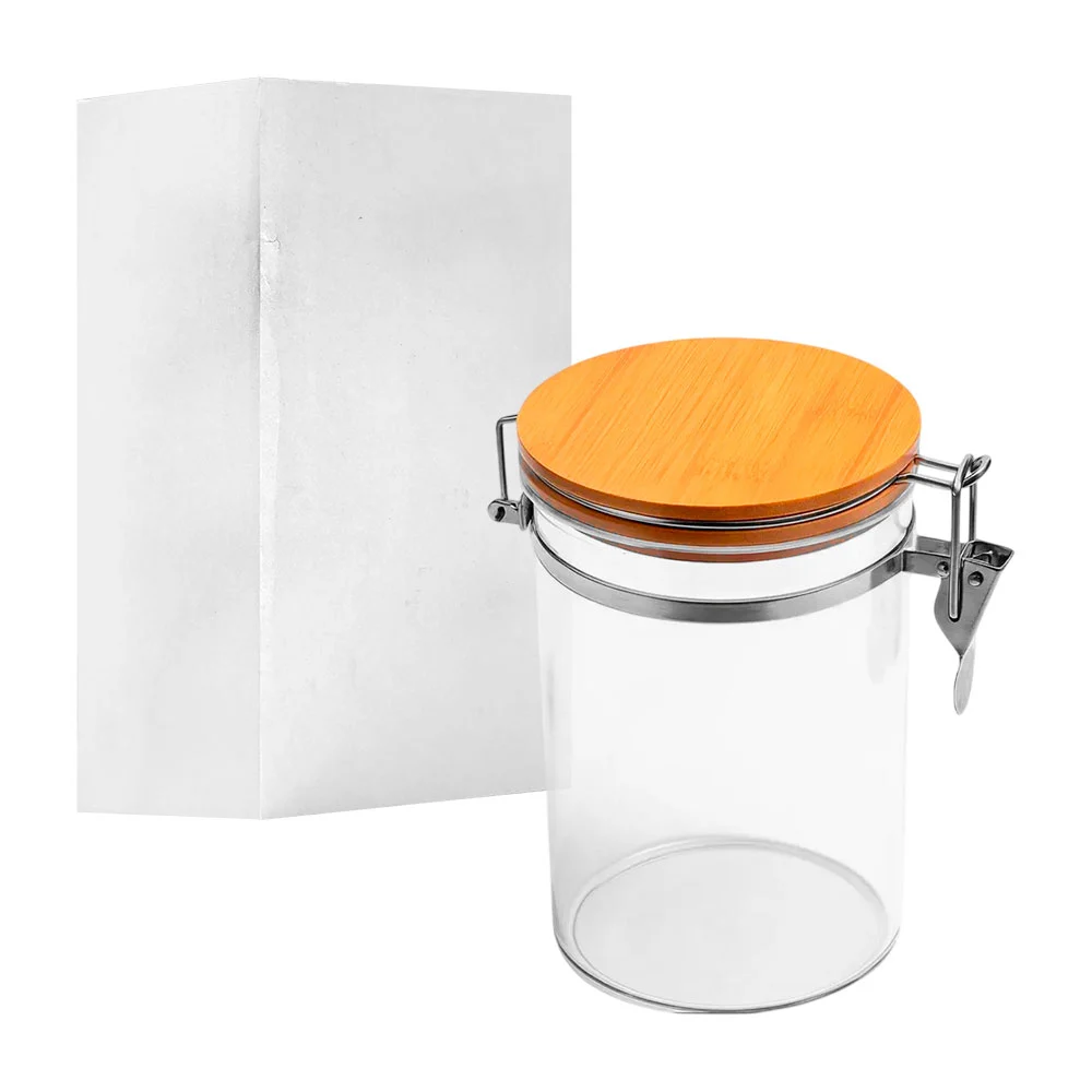Contenedor mediano de vidrio, hermético, redondo, con tapa de bambú