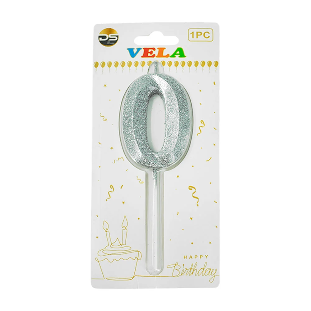 1pza Vela de brillantina plateada con el no.0 para pastel de cumpleañ…