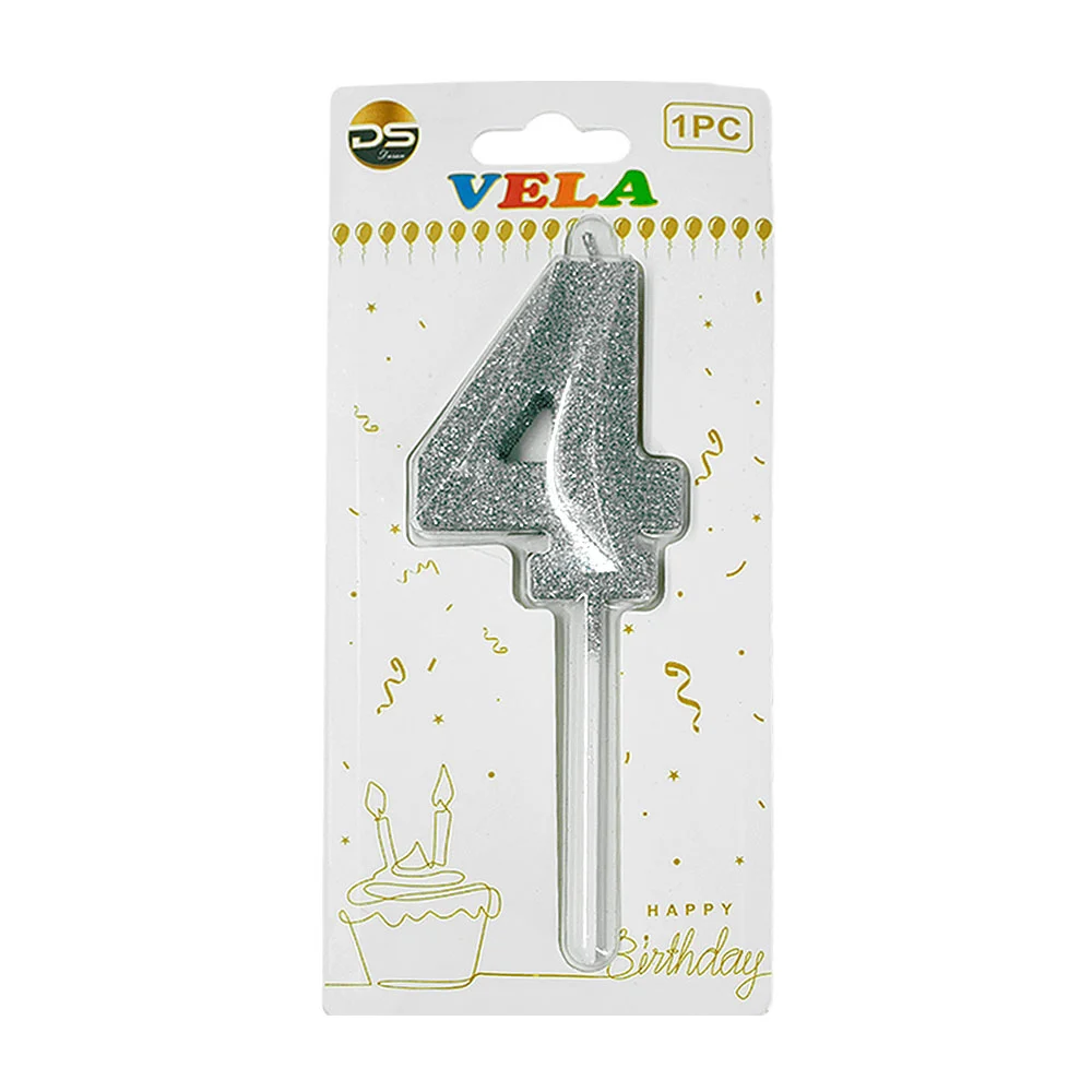 1pza Vela de brillantina plateada con el no.4 para pastel de cumpleañ…