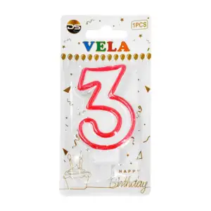 1pza Vela blanca - orilla rosa con el no.3 para el pastel de cumpleañ…