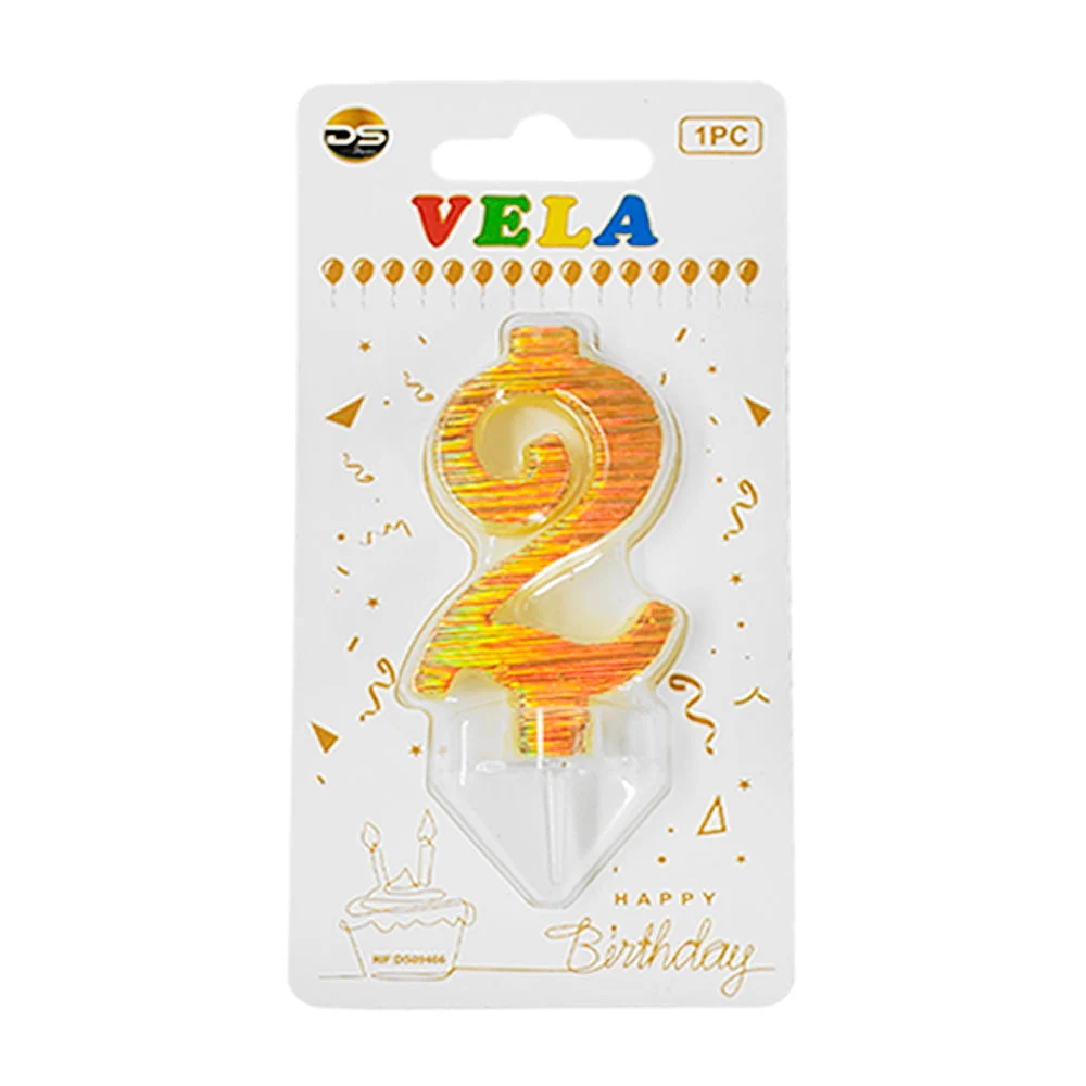 1pza Vela holográfica dorada con el no.2 para pastel de cumpleaños / …