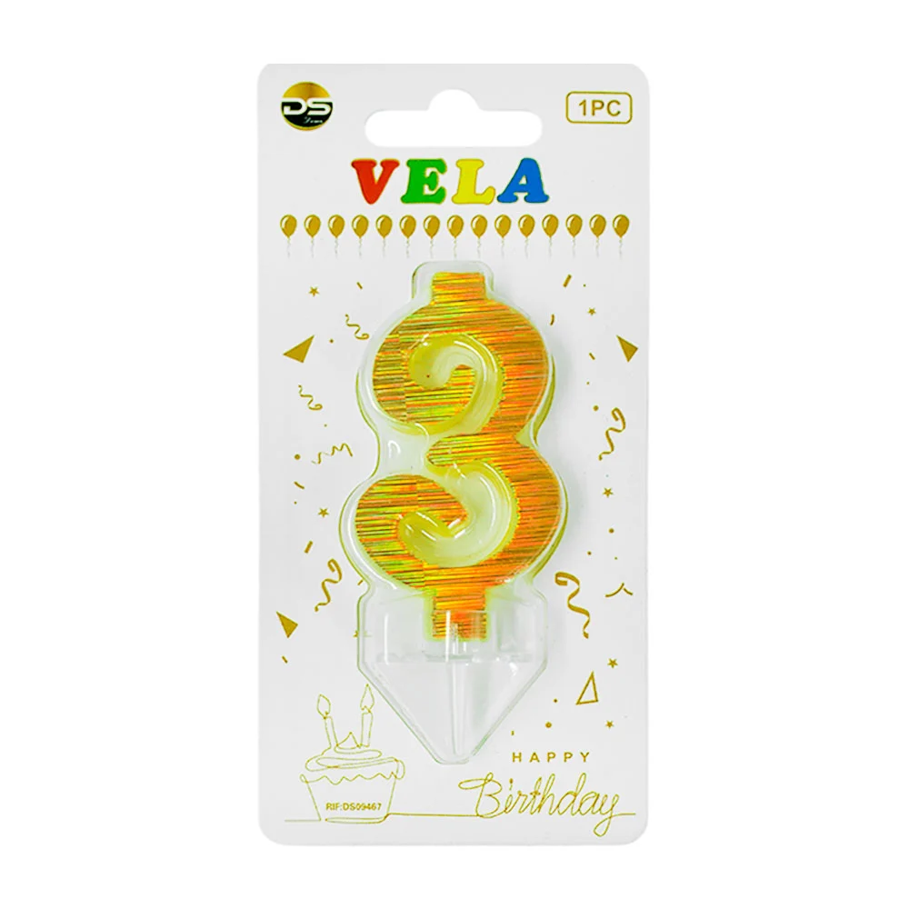 1pza Vela holográfica dorada con el no.3 para pastel de cumpleaños / …