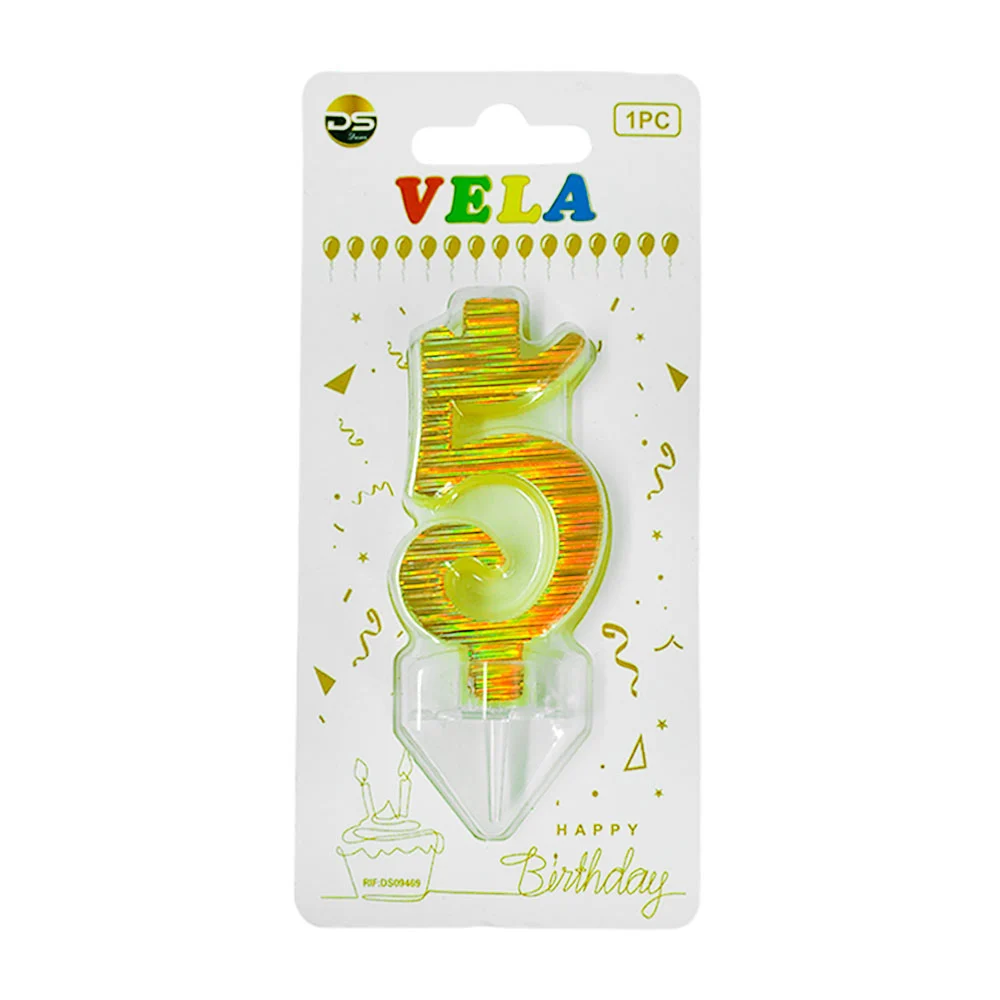 1pza Vela holográfica dorada con el no.5 para pastel de cumpleaños / …