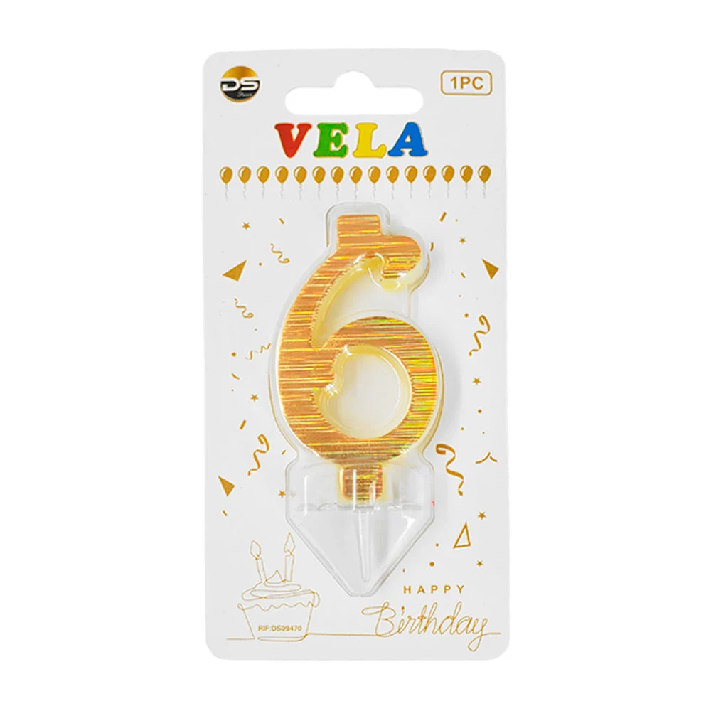 1pza Vela holográfica dorada con el no.6 para pastel de cumpleaños / …