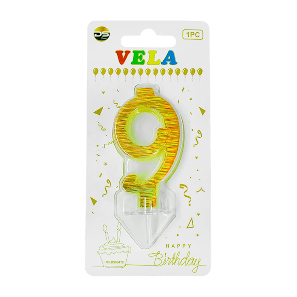 1pza Vela holográfica dorada con el no.9 para pastel de cumpleaños / …