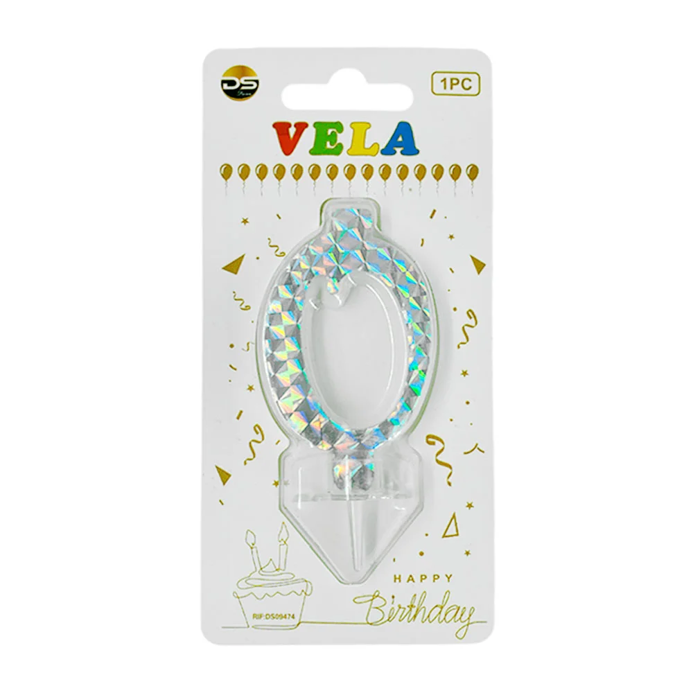1pza Vela holográfica plateada con el no.0 para pastel de cumpleaños …