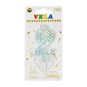 1pza Vela holográfica plateada con el no.2 para pastel de cumpleaños …