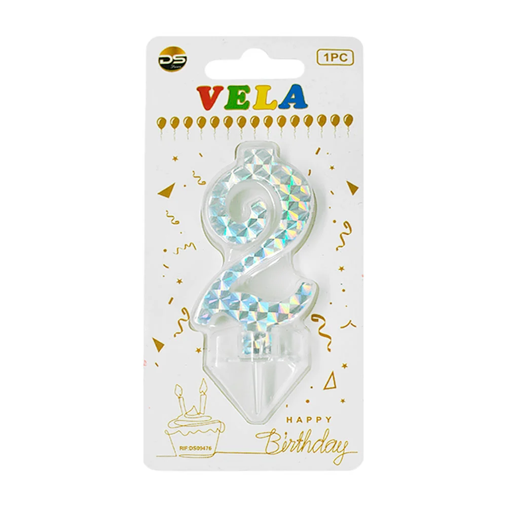 1pza Vela holográfica plateada con el no.2 para pastel de cumpleaños …
