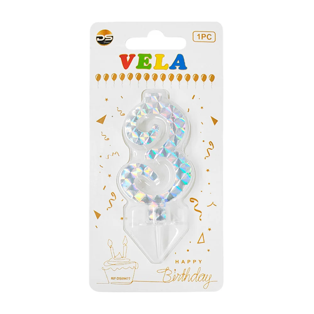 1pza Vela holográfica plateada con el no.3 para pastel de cumpleaños …