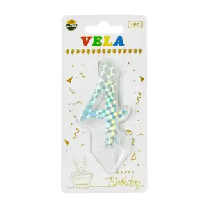 1pza Vela holográfica plateada con el no.4 para pastel de cumpleaños …