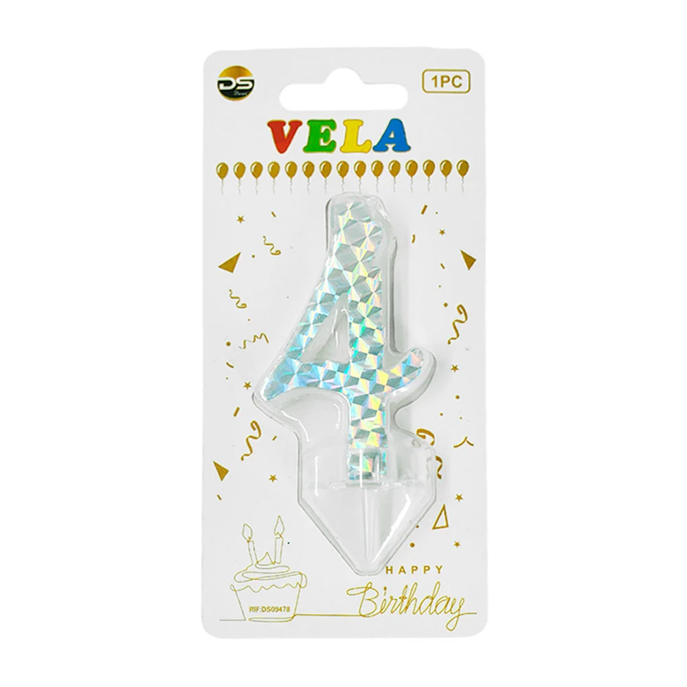 1pza Vela holográfica plateada con el no.4 para pastel de cumpleaños …