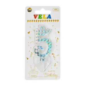 1pza Vela holográfica plateada con el no.5 para pastel de cumpleaños …