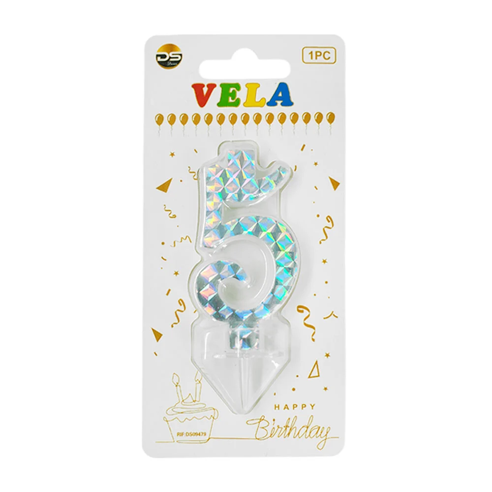 1pza Vela holográfica plateada con el no.5 para pastel de cumpleaños …