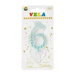 1pza Vela holográfica plateada con el no.6 para pastel de cumpleaños …