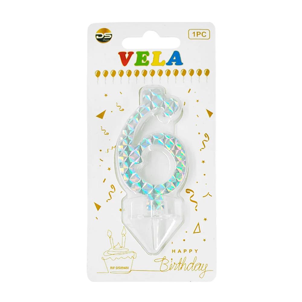 1pza Vela holográfica plateada con el no.6 para pastel de cumpleaños …