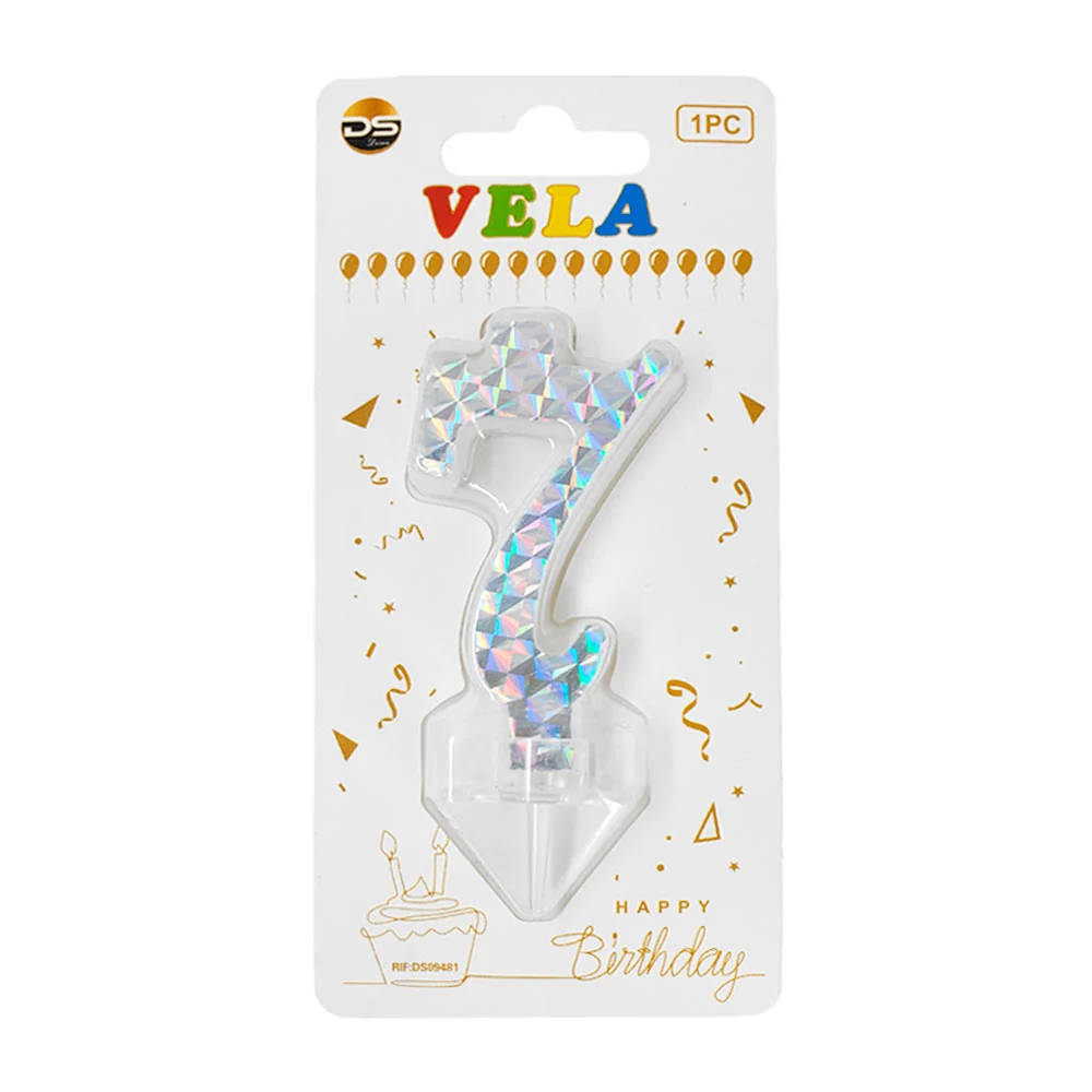 1pza Vela holográfica plateada con el no.7 para pastel de cumpleaños …