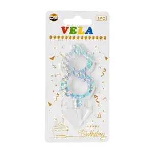 1pza Vela holográfica plateada con el no.8 para pastel de cumpleaños …