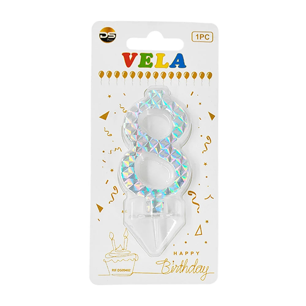 1pza Vela holográfica plateada con el no.8 para pastel de cumpleaños …