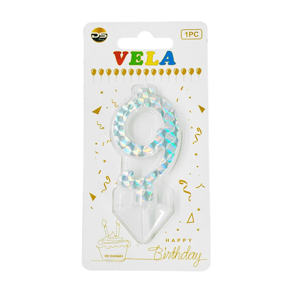 1pza Vela holográfica plateada con el no.9 para pastel de cumpleaños …