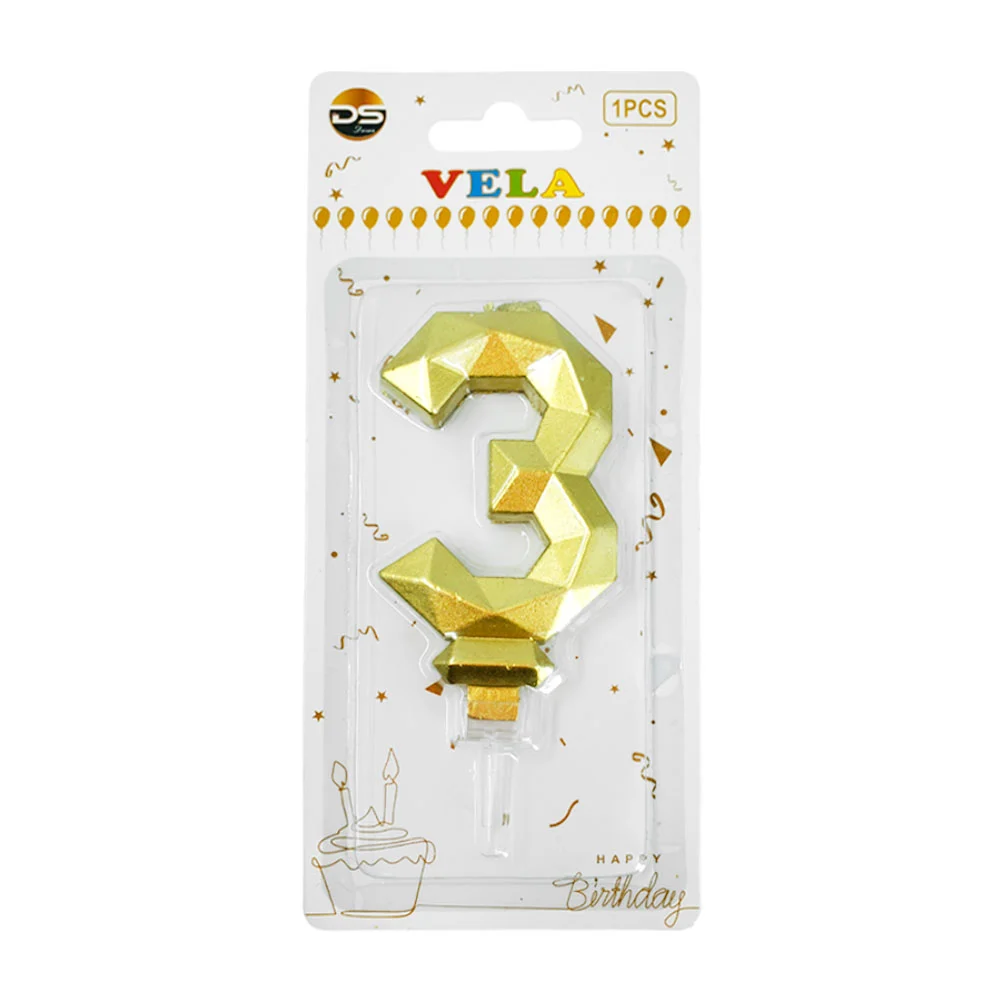 1pza Vela en efecto metálico dorado con el no.3 para el pastel / ds09…
