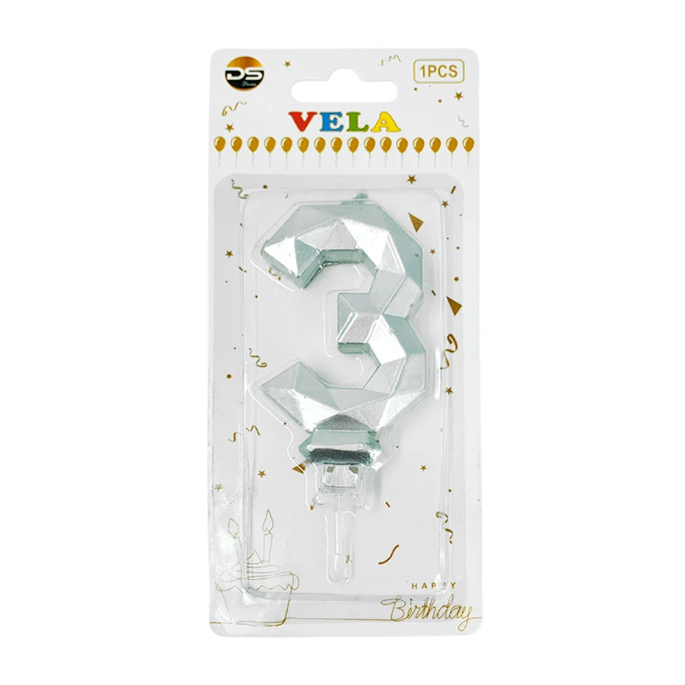 1pza Vela con efecto metálico plateado y forma no.3 para pastel / ds0…