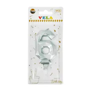 1pza Vela con efecto metálico plateado y forma no.6 para pastel / ds0…