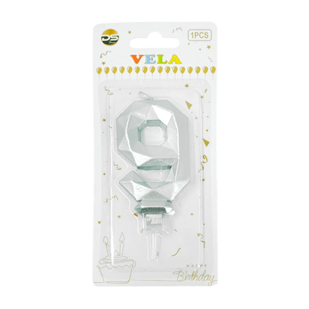 1pza Vela con efecto metálico plateado y forma no.9 para pastel / ds0…