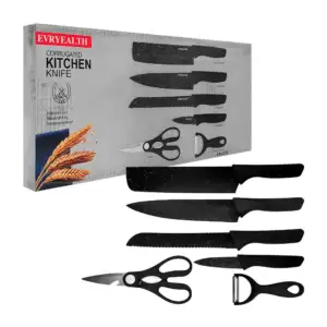 Set de 4 cuchillos, pelador y tijeras con diseño liso, tono negro / y…