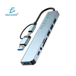 Hub conector 8en1, usb-c o usb-a, 4 usb-a, usb-c, auxiliar, sd y micr…