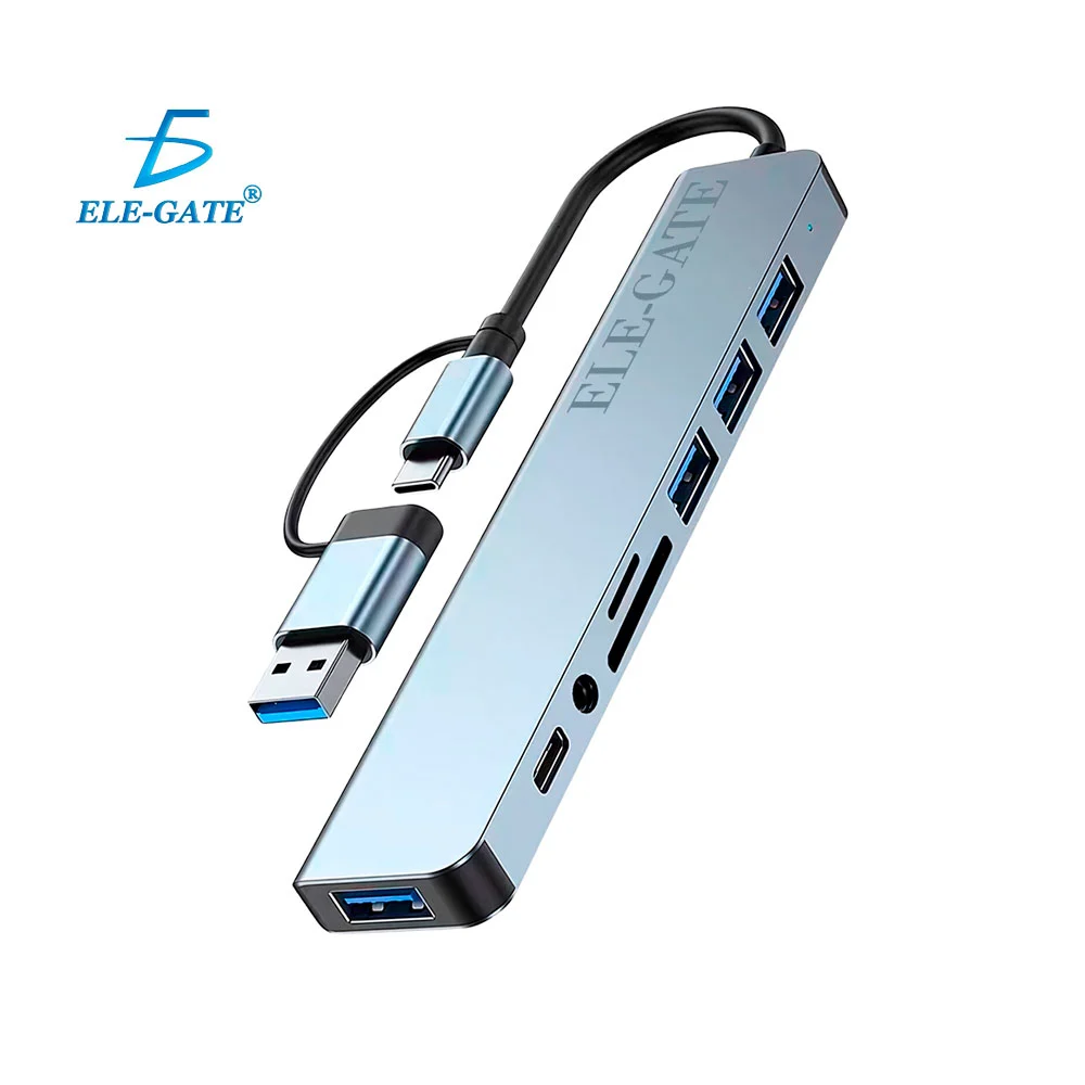 Hub conector 8en1, usb-c o usb-a, 4 usb-a, usb-c, auxiliar, sd y micr…
