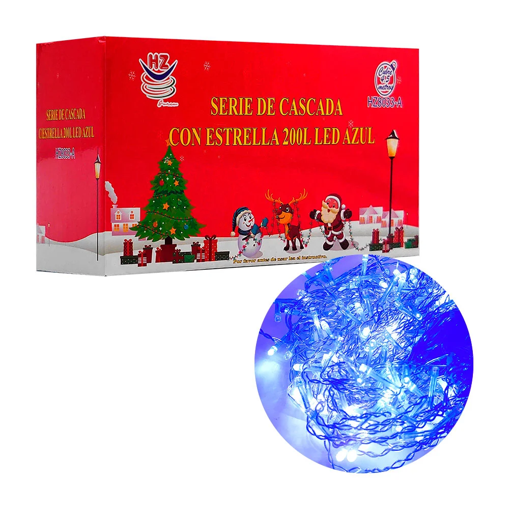 Serie de cascada con 200 luces led, cable y luz azul, 4.5m / hz8033-a