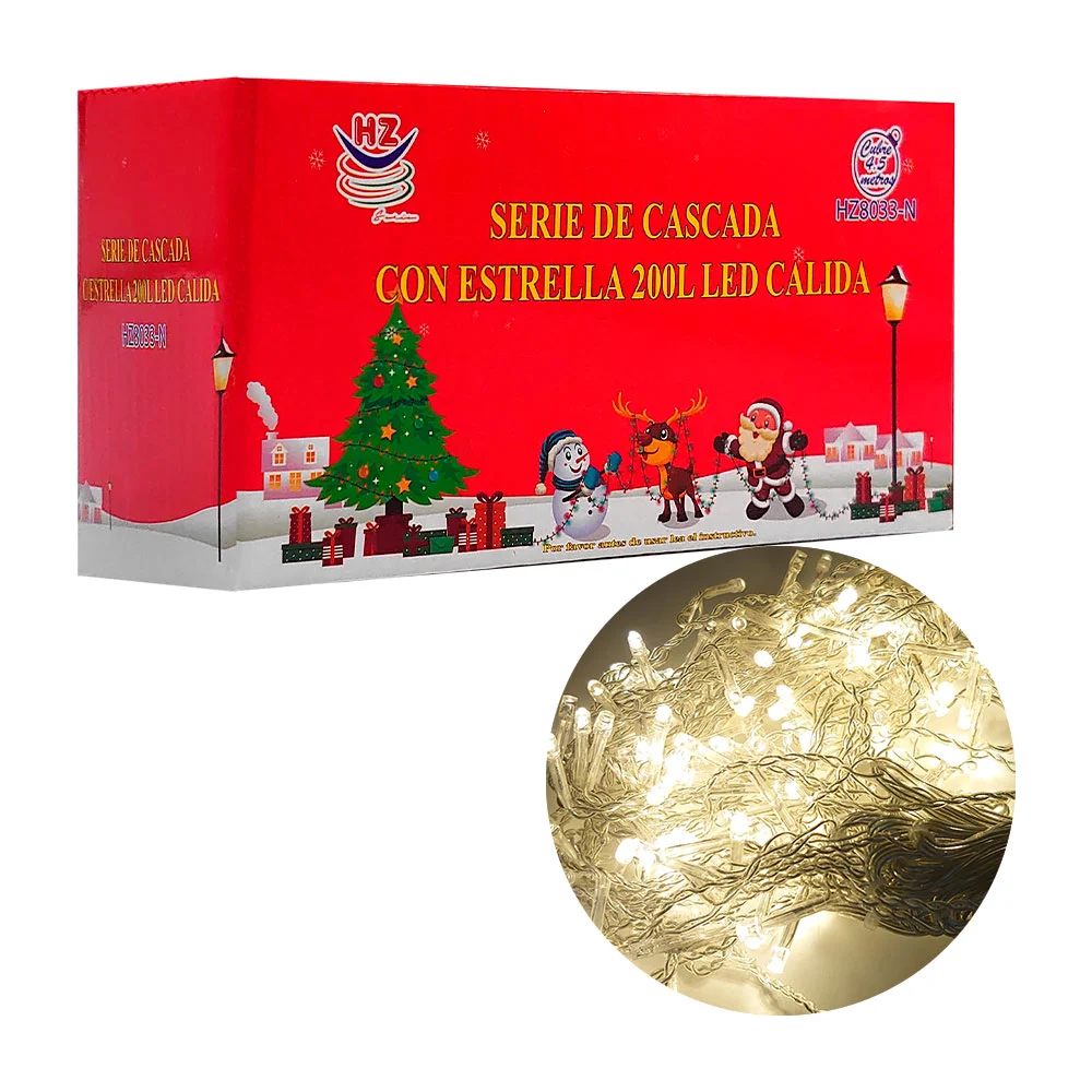 Serie de cascada cálida con 200 luces led, cable transparente, 4.5m /…