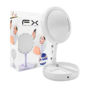 Espejo redondo doble con aumento y luz led, base plegable / led-m13