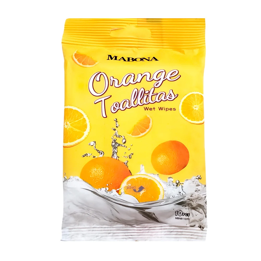 Paquete con 10 toallitas mabona, húmedas para limpiar, aroma a naranja