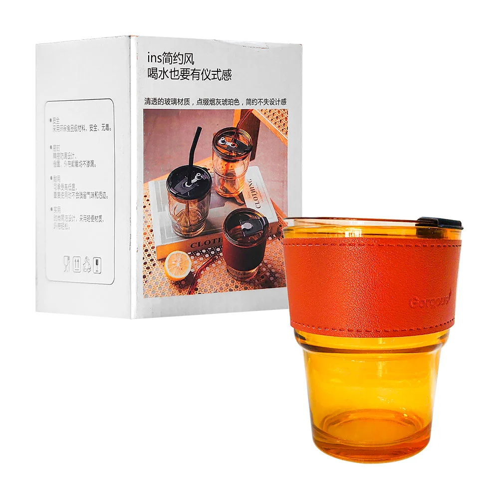 Vaso tipo cafetero translucido de vidrio, con protector + popote, var…