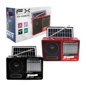 Bocina radio fm/am/sw + panel solar, linternas laterales y accesorios…