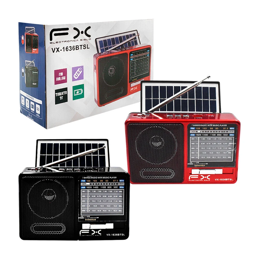 Bocina radio fm/am/sw + panel solar, linternas laterales y accesorios…