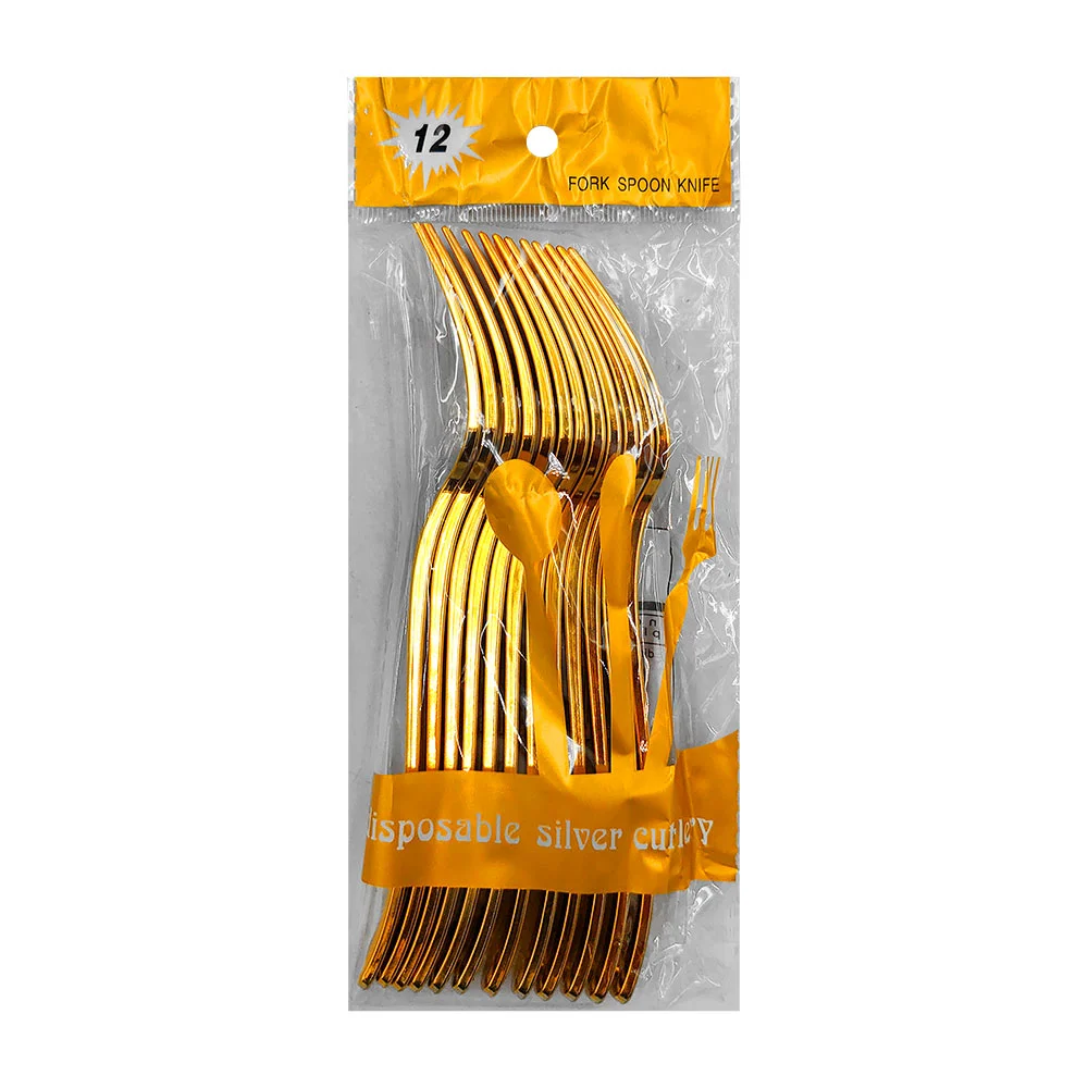 Paquete con 12 tenedores de plástico en color dorado / zc-n-05