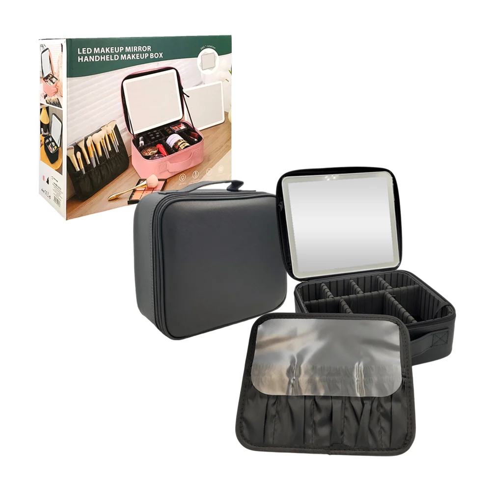 Estuche cosmetiquera con 7 compartimentos, separador de brochas + espejo led 