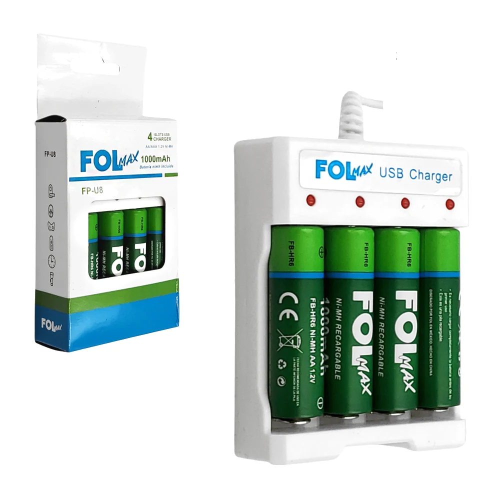 Cargador universal fol max, para baterias aa o aaa + 4 baterias 1000m…