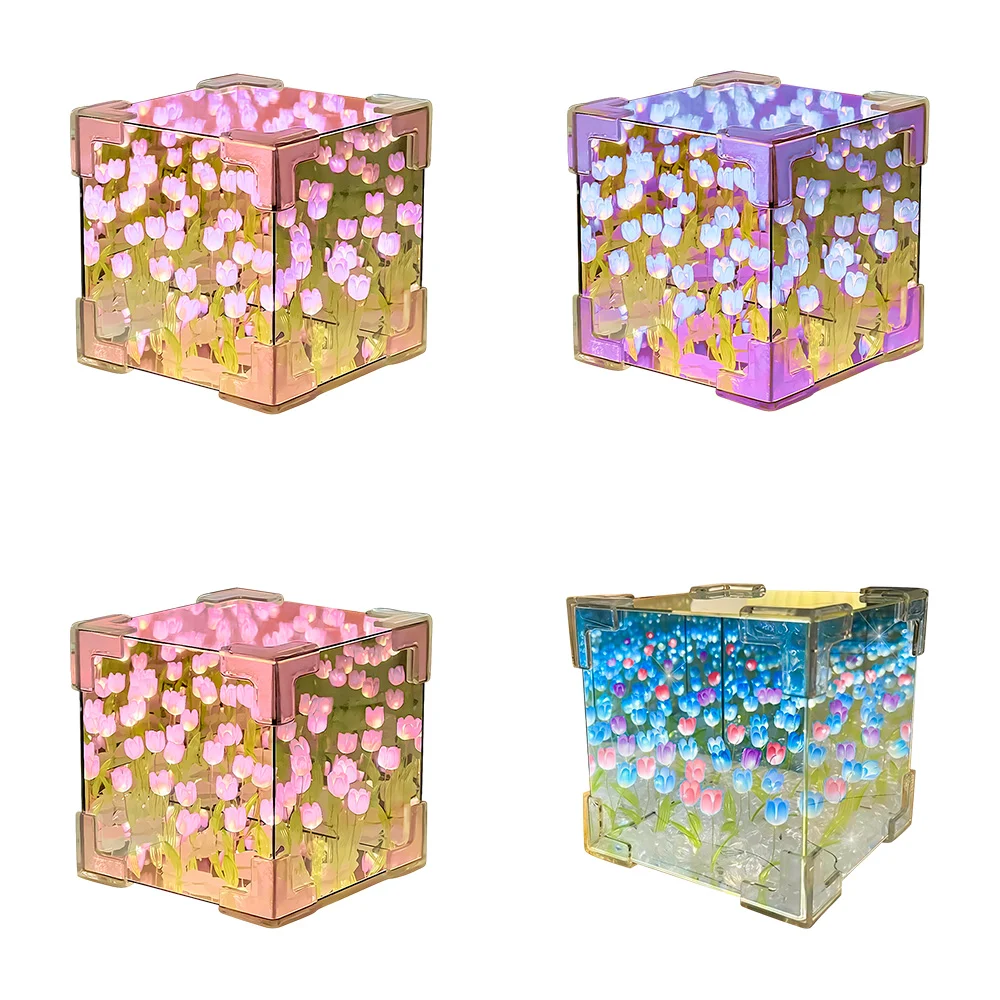 Cubo decorativo con efecto espejo de tulipanes infinitos y luz led, v…