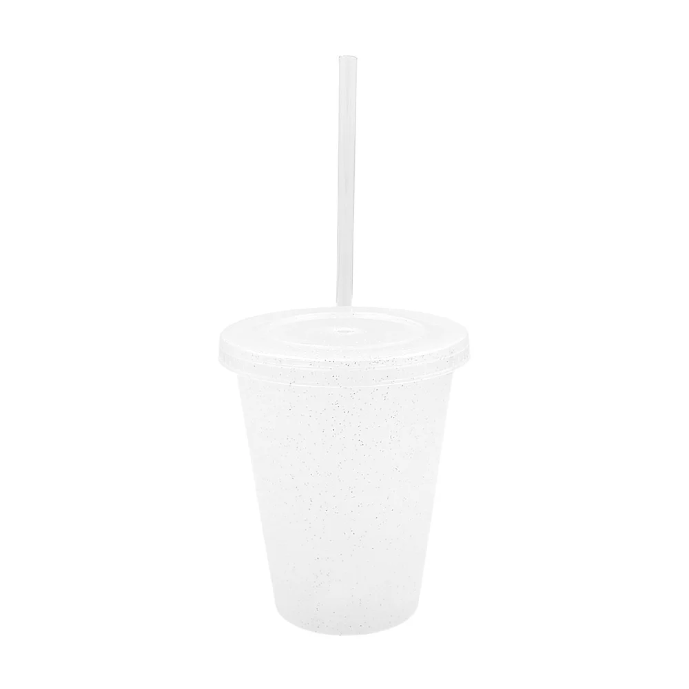 Vaso de plástico transparente con brillantina, tapadera y popote, 16oz