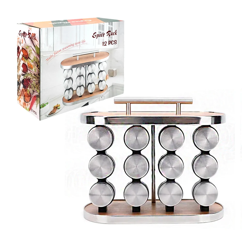 Especiero de cristal con 12 frascos tapa acero inoxidable, base de ma…